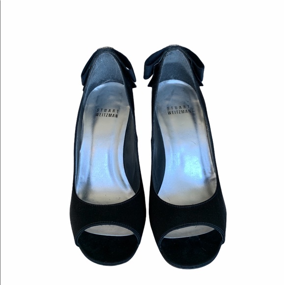 Stuart Weitzman black satin peep toe heels in sz 5 - Picture 2 of 6